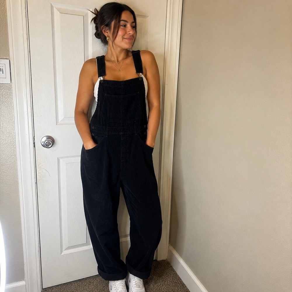 We The Free Ziggy Corduroy Overalls Black Small Relaxed Bib Utility Pockets